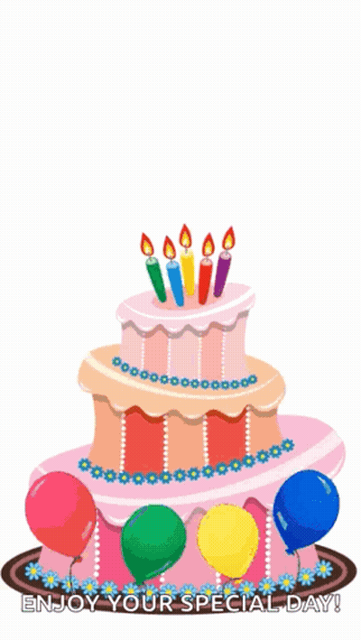A Birthday Cake With Candles And Balloons And The Words Enjoy Your Special Day Below It GIF