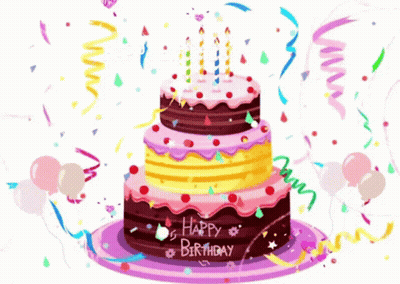 A Birthday Cake With Candles And Confetti Says Happy Birthday GIF