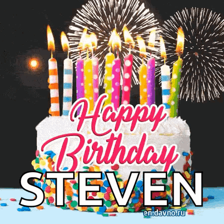 A Birthday Cake With Candles And Fireworks With The Name Steven On It GIF