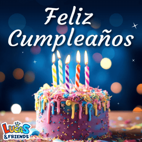 A Birthday Cake With Candles And Sprinkles And The Words Lucas & Friends GIF