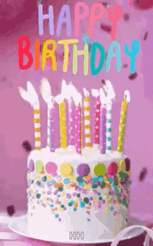 A Birthday Cake With Candles And Sprinkles On A Plate On A Table . GIF