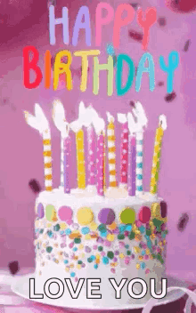 A Birthday Cake With Candles And Sprinkles On It And The Words `` Happy Birthday , Love You '' . GIF