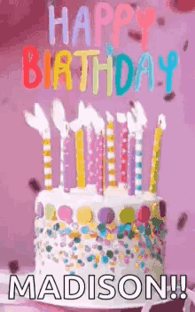 A Birthday Cake With Candles And Sprinkles On It Is On A Table . GIF