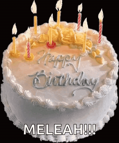 A Birthday Cake With Candles And The Words " Happy Birthday Meleah " On It GIF
