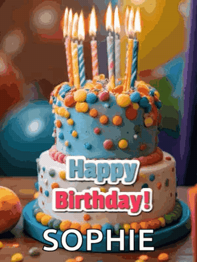 A Birthday Cake With Candles And The Words Happy Birthday Sophie GIF