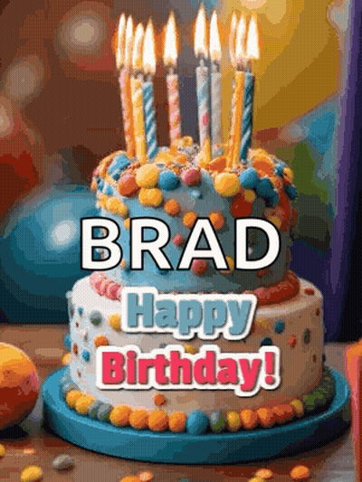 a birthday cake with candles on it and the name brad on it