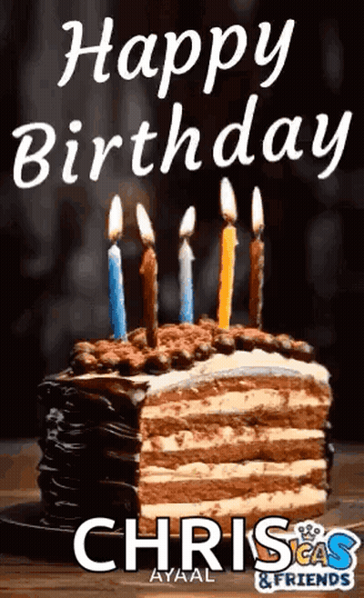 A Birthday Cake With Candles On It And The Words Happy Birthday Chris & Friends GIF