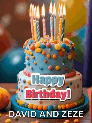 A Birthday Cake With Candles On It And The Words `` Happy Birthday David And Zeze '' On It . GIF