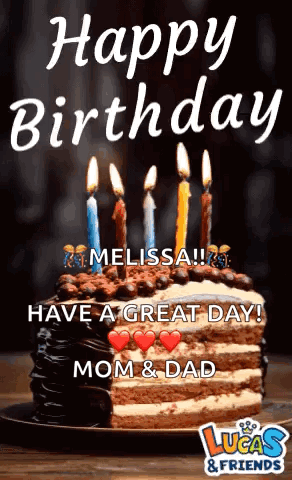 A Birthday Cake With Candles On It And The Words Happy Birthday Melissa Have A Great Day Mom & Dad GIF