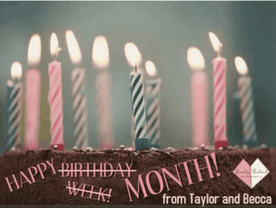 A Birthday Cake With Candles On It And The Words Happy Birthday Month From Taylor And Becca GIF