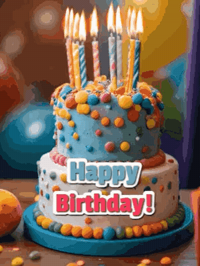 A Birthday Cake With Candles On It And The Words `` Happy Birthday '' Written On It GIF