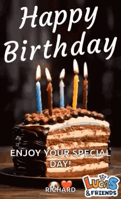 A Birthday Cake With Candles On It Is On A Plate . GIF