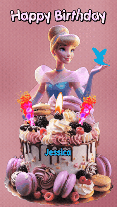 A Birthday Cake With Cinderella On It And The Name Jessica On The Bottom GIF