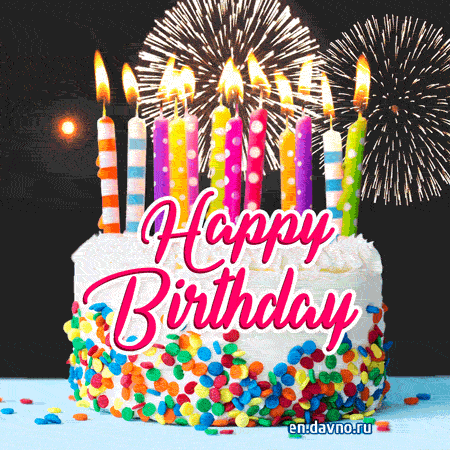 A Birthday Cake With Fireworks In The Background And The Words Happy Birthday GIF