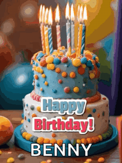 A Birthday Cake With Lit Candles And The Name Benny On It . GIF