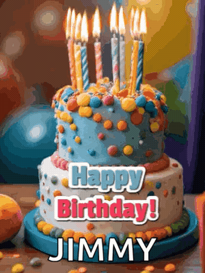 A Birthday Cake With Lit Candles And The Name Jimmy On It GIF