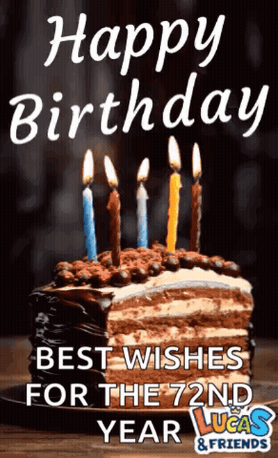 A Birthday Cake With Lit Candles And The Words Happy Birthday Best Wishes For The 72Nd Year Lucas & Friends GIF