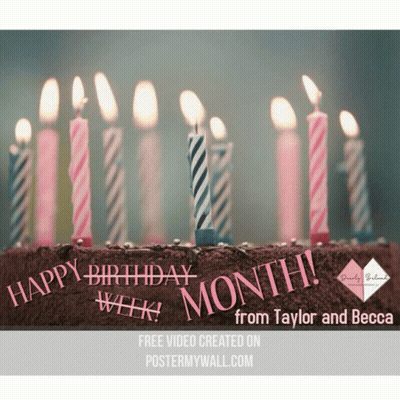 A Birthday Cake With Many Lit Candles And The Words Happy Birthday Month From Taylor And Becca GIF