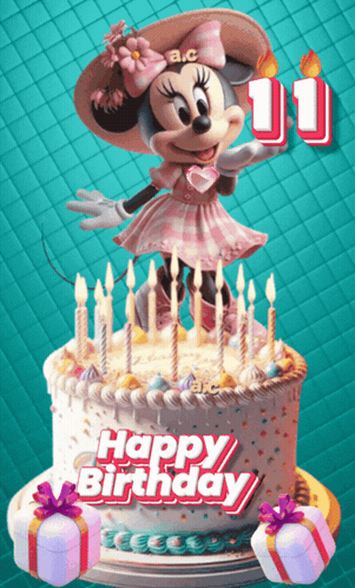 A Birthday Cake With Minnie Mouse On Top And The Words Happy Birthday GIF