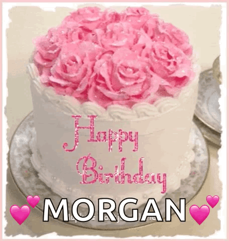 A Birthday Cake With Pink Frosting And The Name Morgan GIF