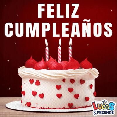 A Birthday Cake With Red Hearts And Candles Says Lucas & Friends GIF