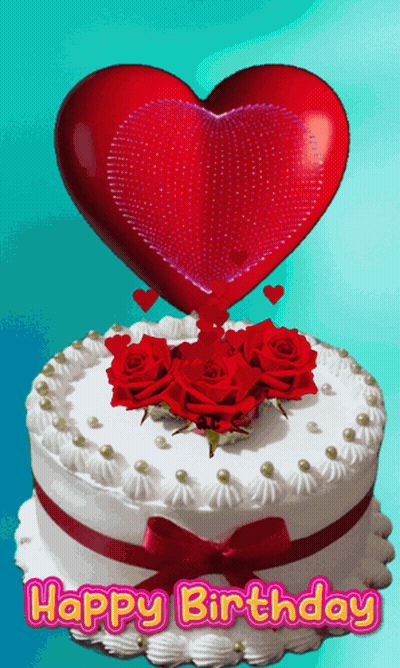 A Birthday Cake With Red Roses And A Red Heart On Top GIF