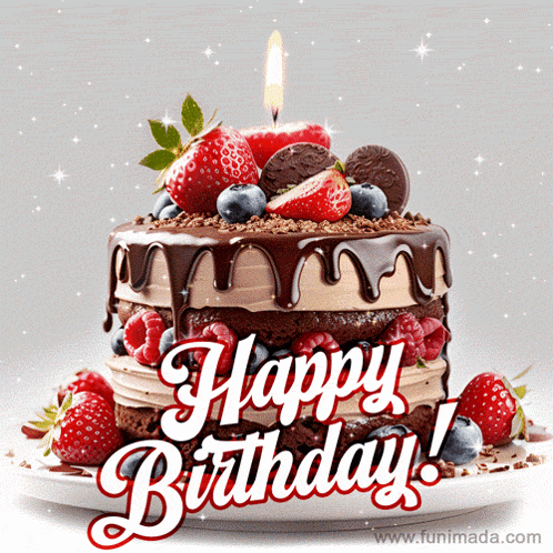 A Birthday Cake With Strawberries And Blueberries And A Lit Candle GIF