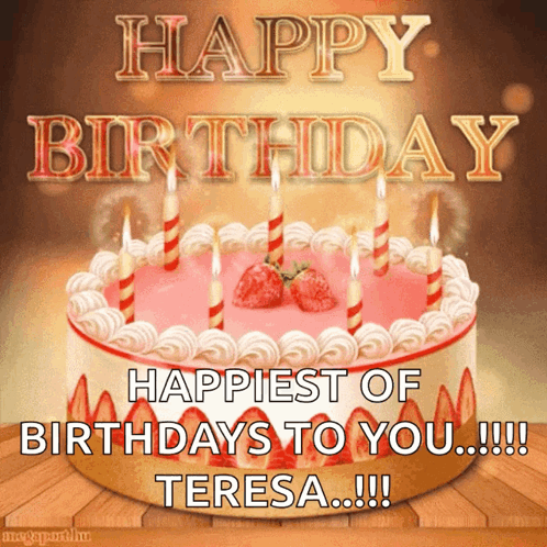 A Birthday Cake With Strawberries And Candles On It GIF