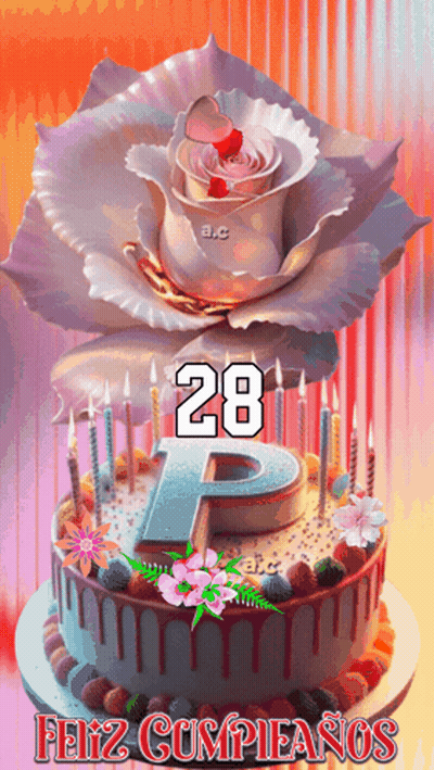 A Birthday Cake With The Letter P On It And The Number 28 GIF