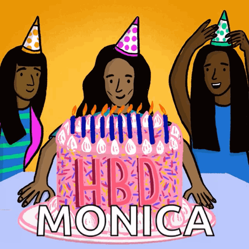 A Birthday Cake With The Name Monica On It And Three People Wearing Party Hats GIF