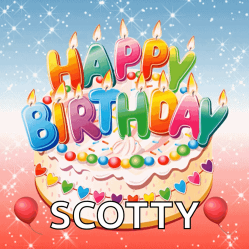 A Birthday Cake With The Name Scotty Written On It GIF