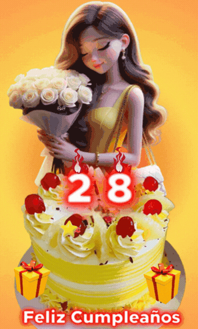 A Birthday Cake With The Number 28 On It And A Girl Holding A Bouquet Of Flowers GIF