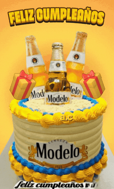 A Birthday Cake With Three Bottles Of Modelo On Top GIF