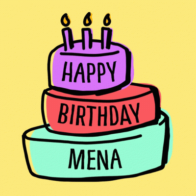 A Birthday Cake With Three Candles And The Words Happy Birthday Mena On It GIF