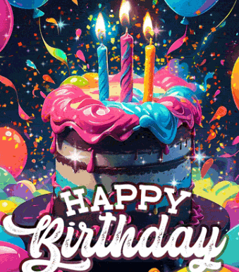 A Birthday Cake With Three Lit Candles And The Words Happy Birthday Below It GIF