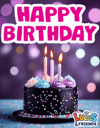 A Birthday Cake With Three Lit Candles And The Words Happy Birthday Lucas & Friends GIF