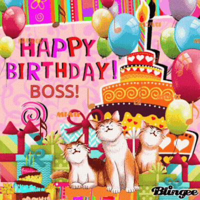 A Birthday Card For A Boss With Cats And Balloons GIF