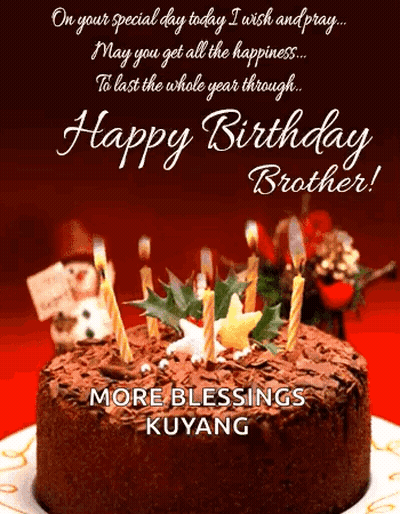 A Birthday Card For A Brother With A Chocolate Cake With Candles GIF