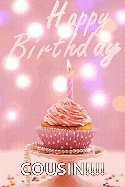 A Birthday Card For A Cousin With A Pink Cupcake And A Candle GIF