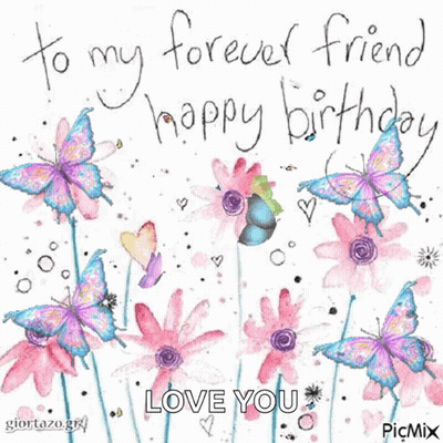 A Birthday Card For A Friend With Butterflies And Flowers GIF