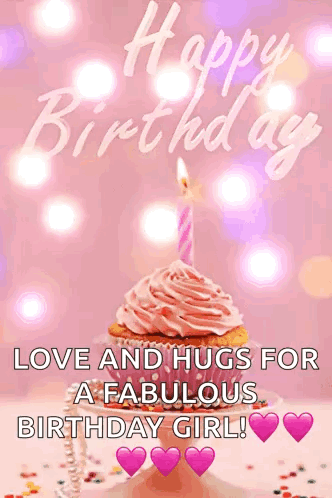 A Birthday Card For A Girl With A Cupcake And A Candle On It GIF