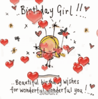 A Birthday Card For A Girl With A Fairy On A Swing Surrounded By Hearts And Flowers . GIF