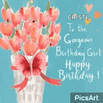 A Birthday Card For A Girl With A Vase Of Flowers GIF
