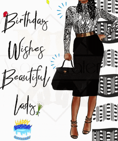 A Birthday Card For A Lady With A Black And White Dress GIF