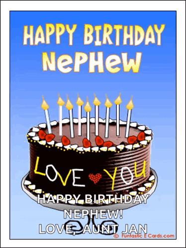 A Birthday Card For A Nephew With A Cake With Candles On It GIF
