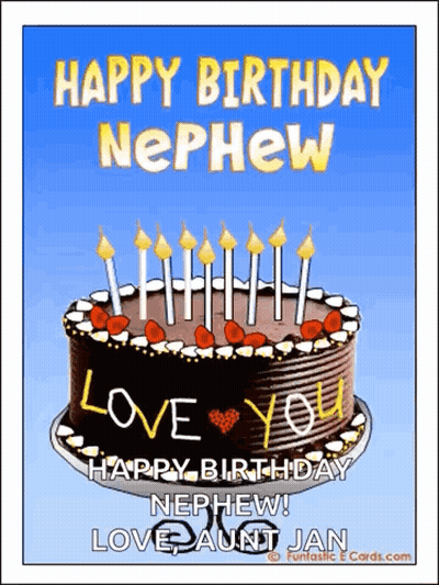 A Birthday Card For A Nephew With A Chocolate Cake With Candles On It GIF