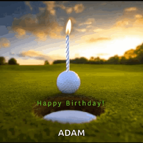 A Birthday Card For Adam With A Golf Ball With A Lit Candle GIF