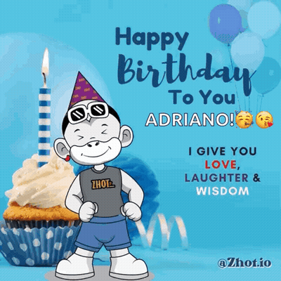 A Birthday Card For Adriano Shows A Monkey Wearing Sunglasses And A Party Hat GIF