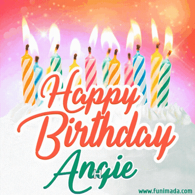 A Birthday Card For Angie With Candles On The Cake GIF