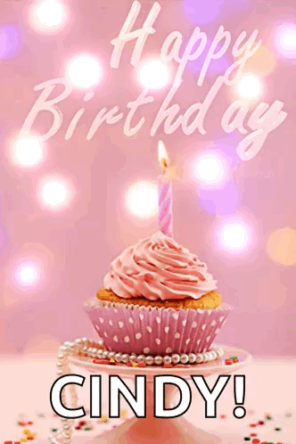 A Birthday Card For Cindy With A Pink Cupcake With A Candle GIF